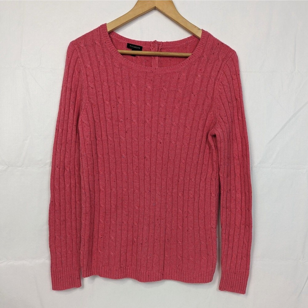 Talbots Womens Small Coral Pink Cable Knit Cotton Blend Long Sleeve Sweater